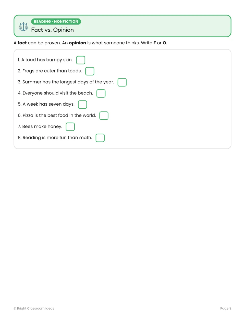Fact versus opinion practice asks students to label eight statements about toads, summer, food, and more