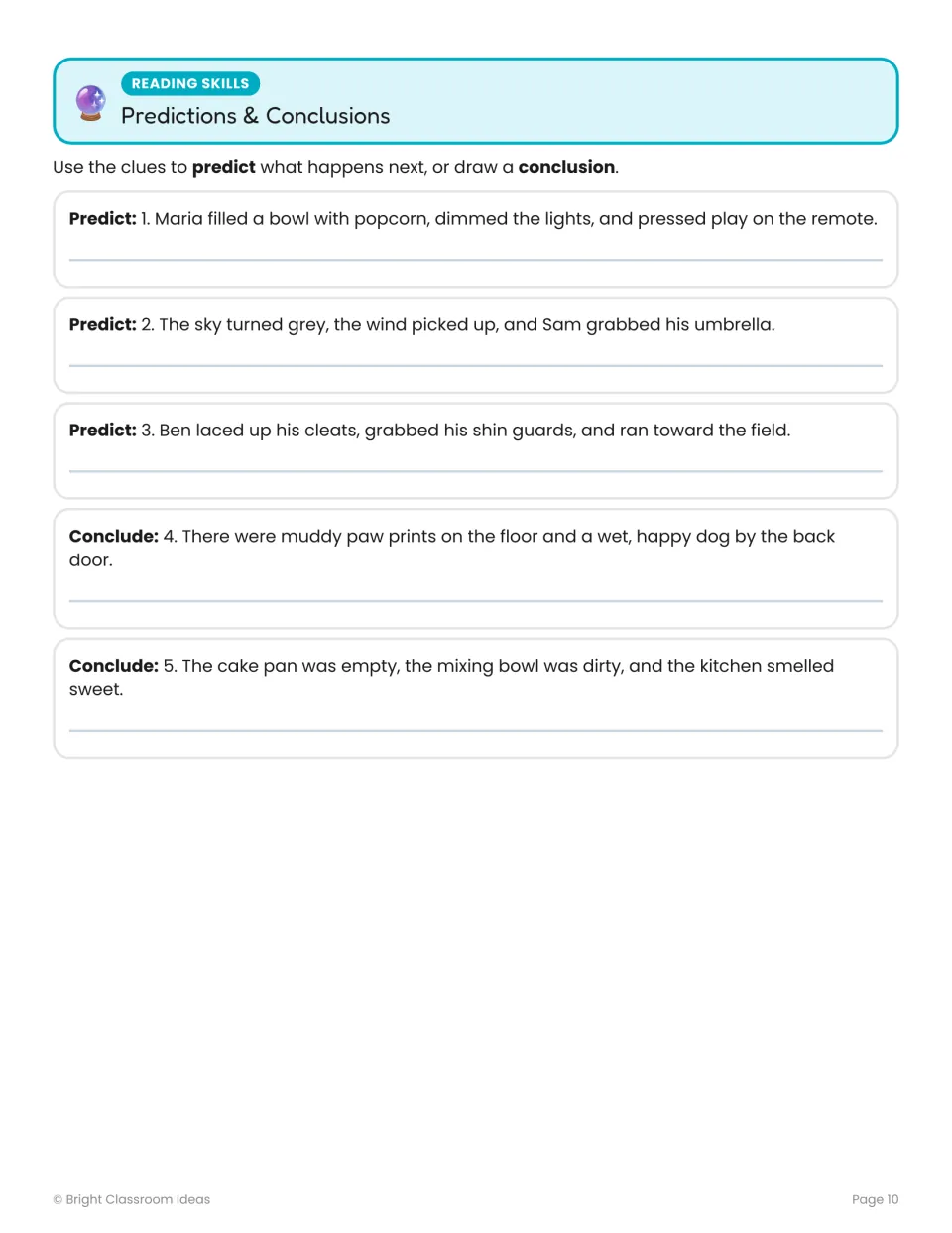 Predictions and conclusions practice gives three prediction prompts and two conclusion prompts using clues
