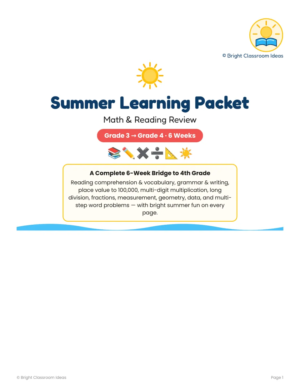 Summer Learning Packet cover identifies six weeks of math and reading review from grade 3 to grade 4.
