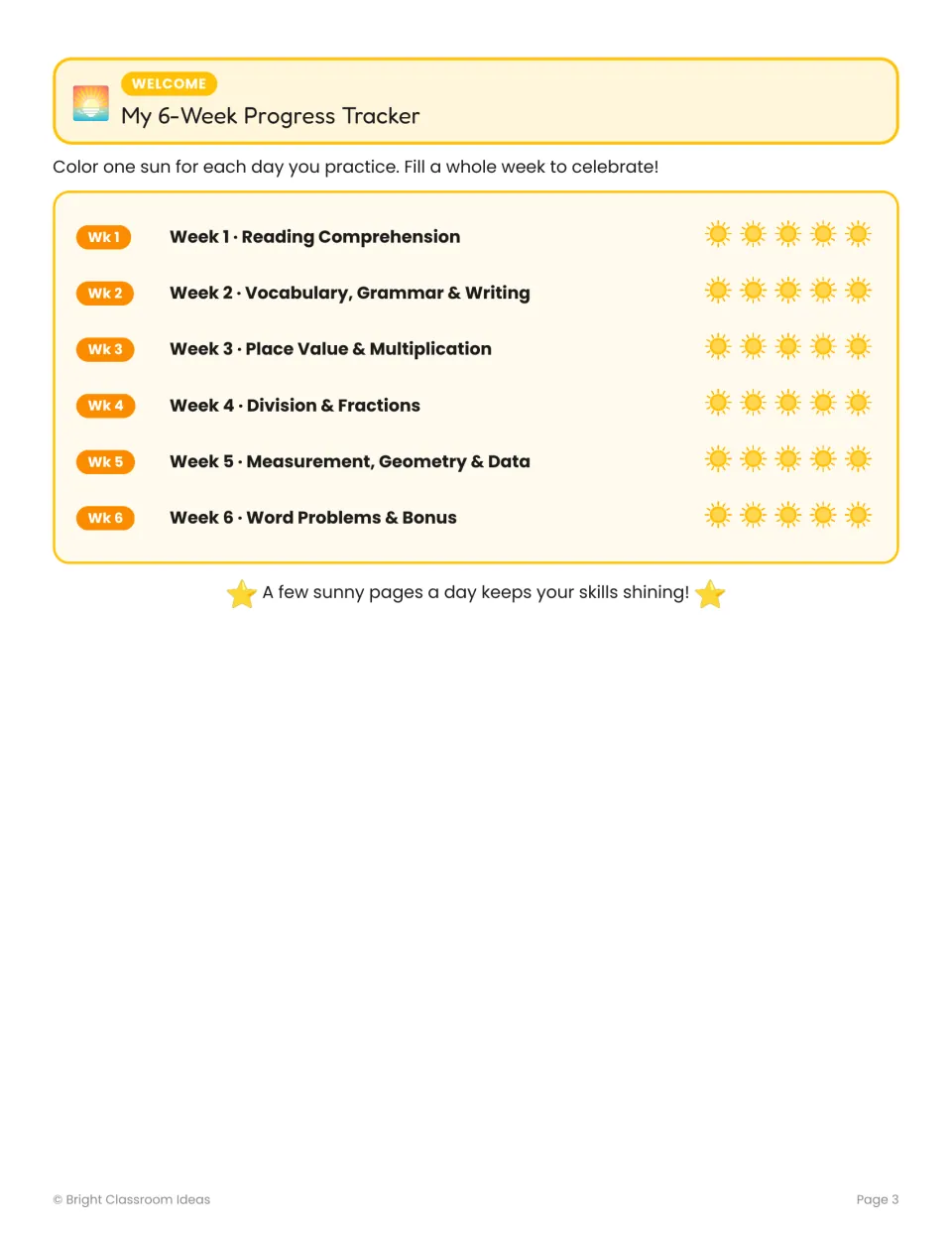 Six-week progress tracker lists weekly reading and math topics, with five suns per week to color for practice.