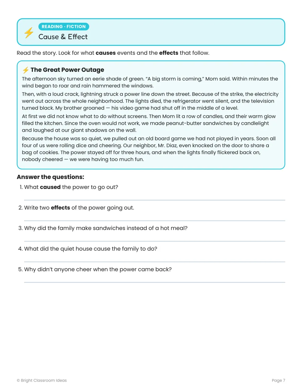 Cause and effect practice pairs “The Great Power Outage” with five questions about a family during a storm.