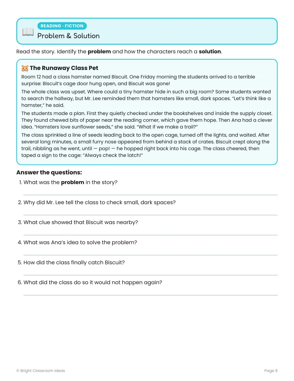 Problem and solution practice uses “The Runaway Class Pet” and six questions about finding Biscuit the hamster.
