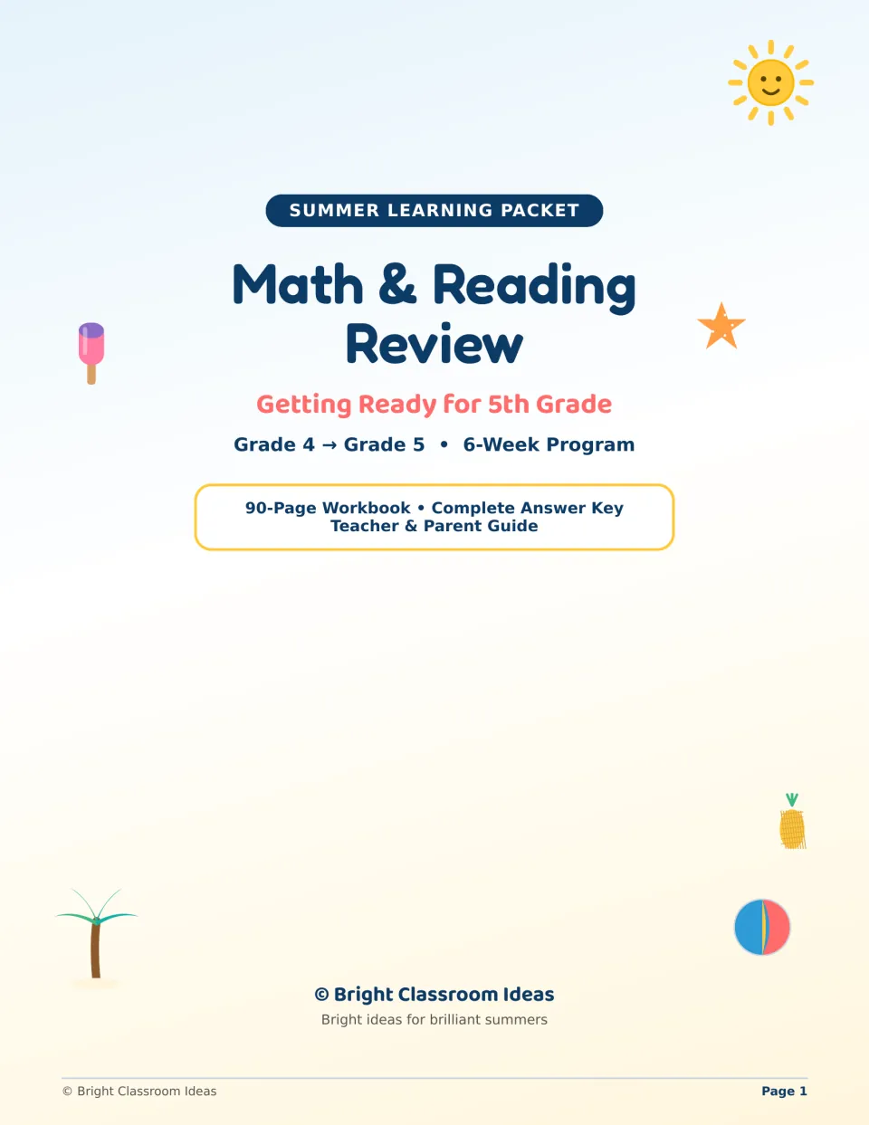 Summer review workbook cover: math and reading practice for grades 4 to 5 in a six-week, 90-page program