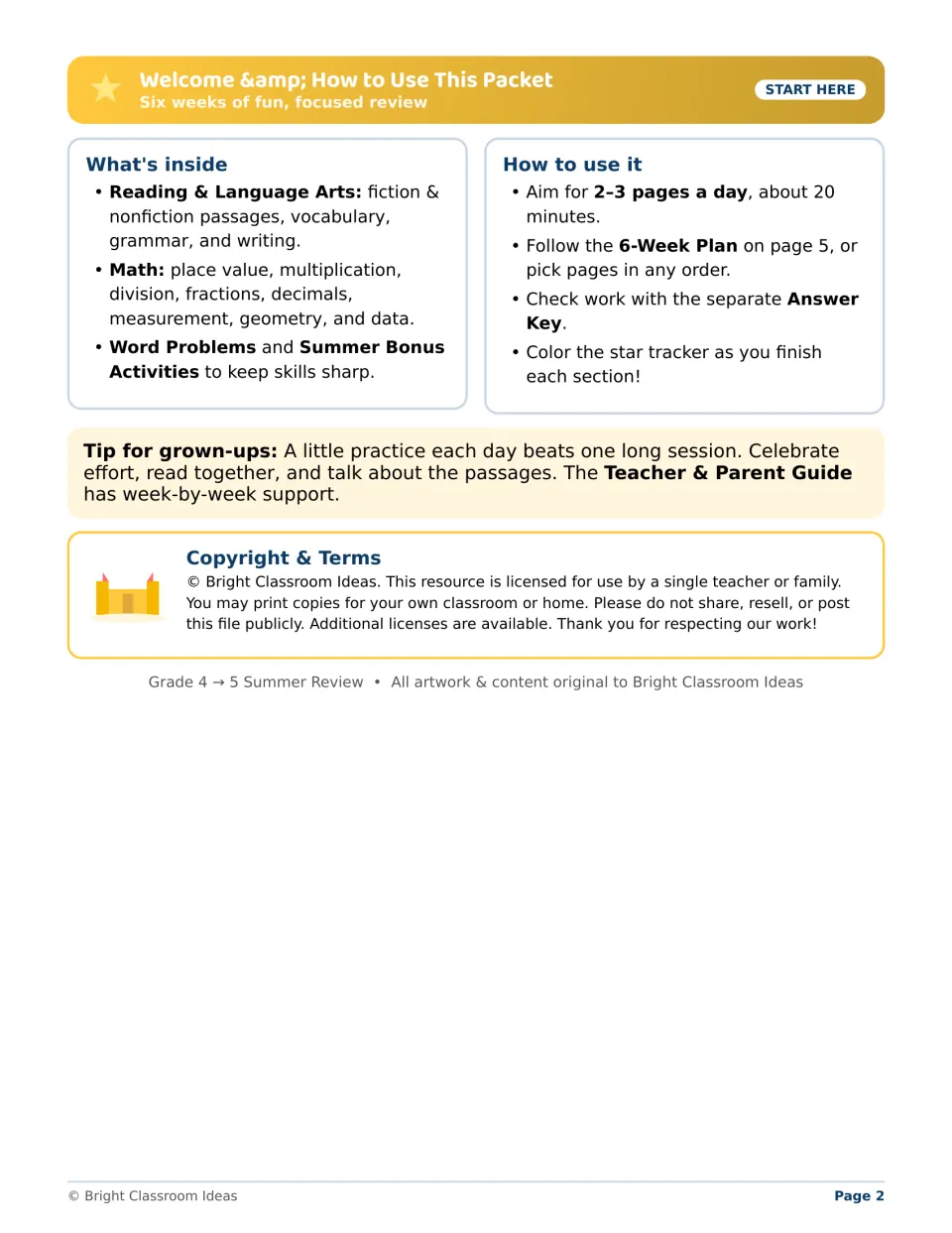 Summer packet introduction lists subjects, daily practice directions, tips for grown-ups, and copying terms