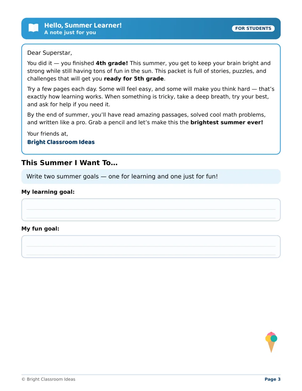 Summer workbook student welcome letter introduces fifth-grade preparation and asks for learning and fun goals