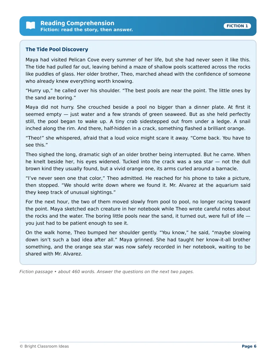 Fiction passage The Tide Pool Discovery follows Maya and Theo as patient observation reveals an orange sea star