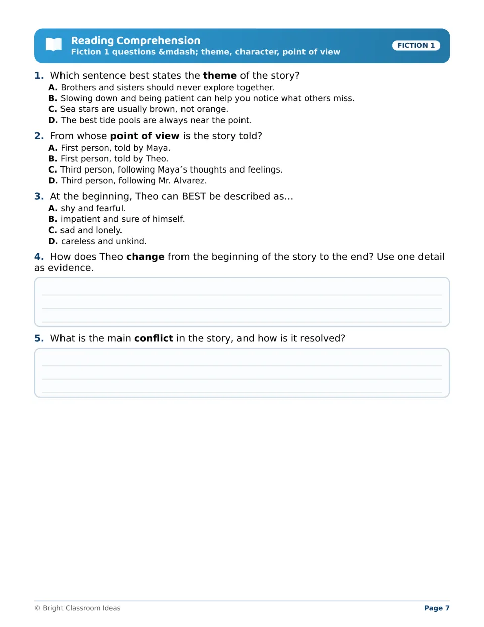 The Tide Pool Discovery questions 1–5 review theme, point of view, Theo's character change, and conflict