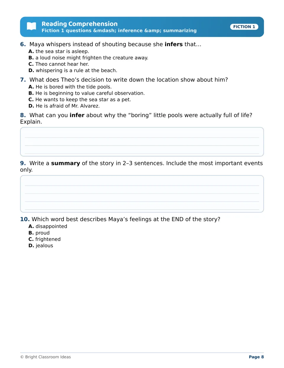 The Tide Pool Discovery questions 6–10 ask for inferences, a brief summary, and Maya's feelings at the end