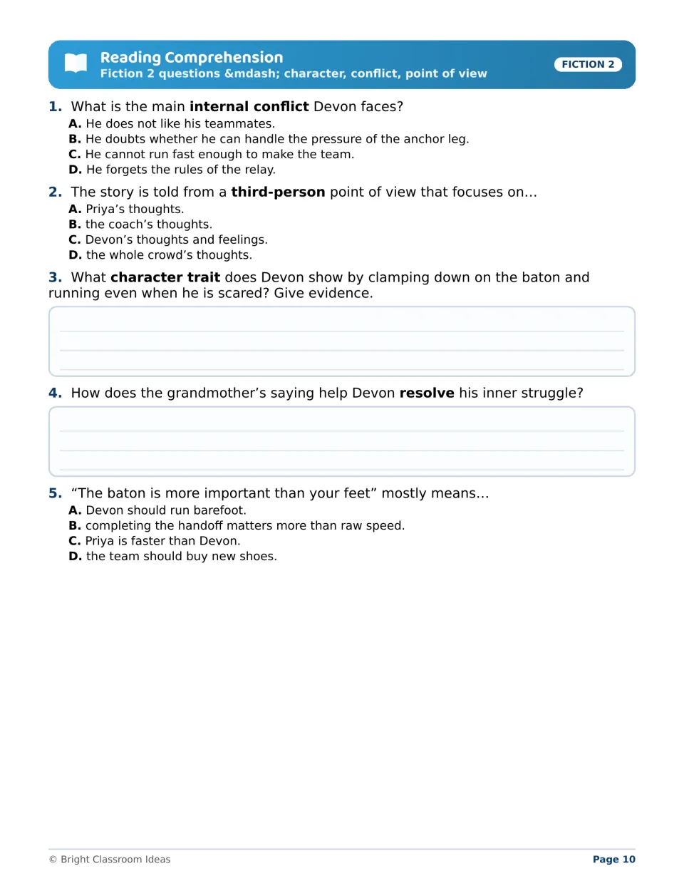 Anchor Leg questions 1–5 address Devon's inner conflict, point of view, courage, and his grandmother's advice