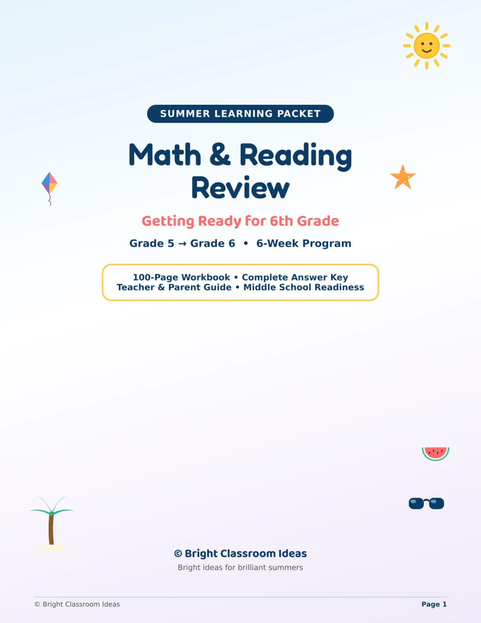 Cover of a Math & Reading Review summer packet for Grade 5 to Grade 6: a 6-week program with answer key and parent guide