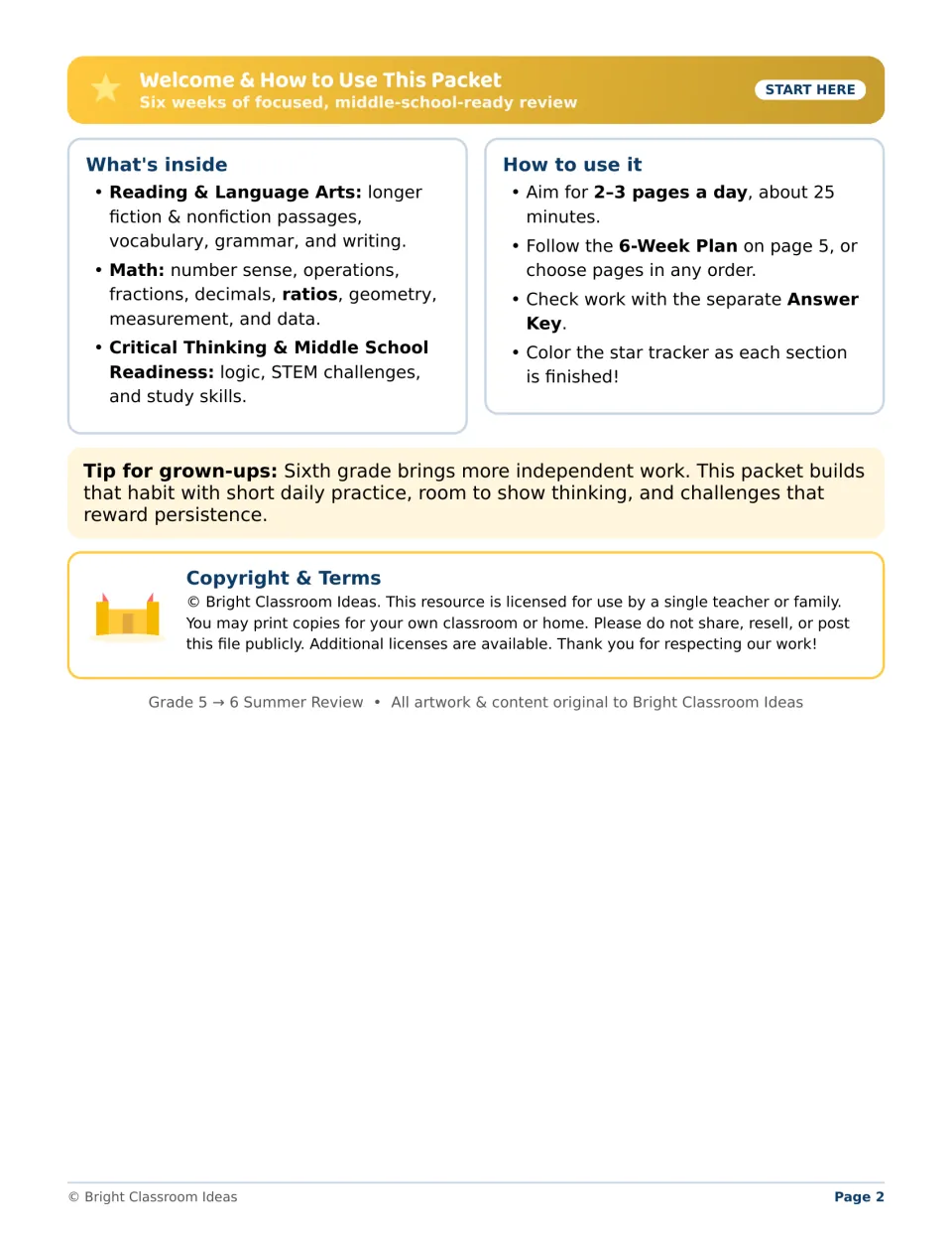 Welcome page listing reading, math and critical thinking contents, a 2–3 pages a day routine, and copyright terms of use