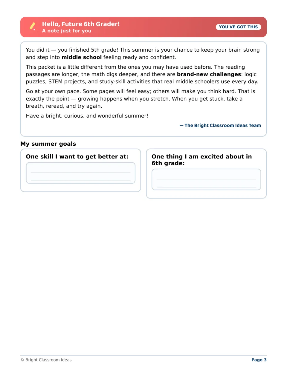 Letter to future 6th graders about longer passages and new challenges; students write one skill goal and one 6th-grade hope