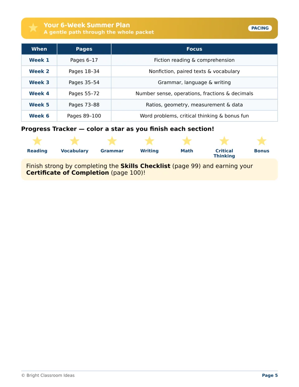 Six-week pacing plan assigning page ranges and a focus to each week, plus a star progress tracker to color per section