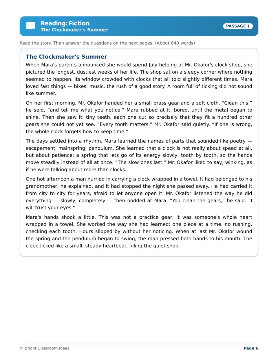 Fiction reading: students read 'The Clockmaker's Summer', where Mara restores a stopped clock at Mr. Okafor's shop