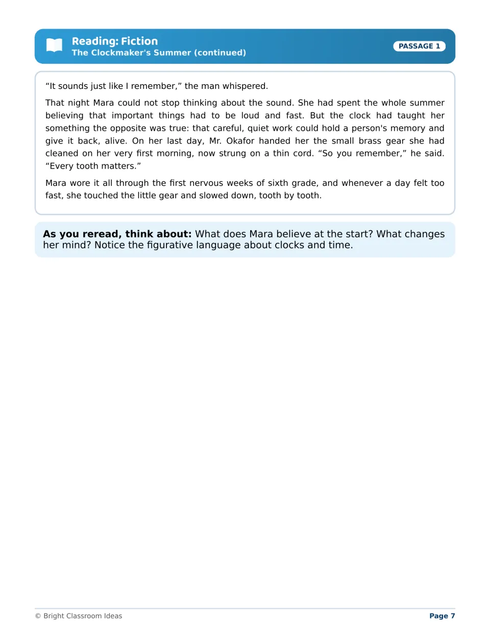 End of 'The Clockmaker's Summer' with a reread prompt asking how Mara's belief changes and noting figurative language