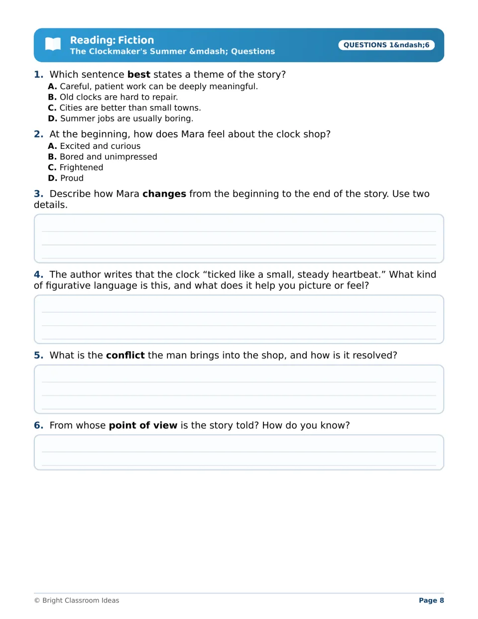 Clockmaker story questions 1–6: two multiple-choice items, then writing on character change, figurative language, conflict