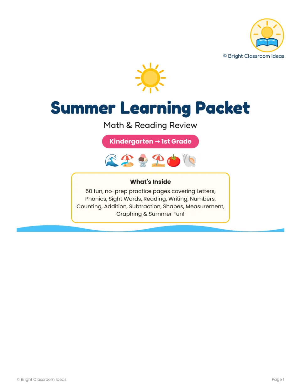 Summer Learning Packet cover: Math & Reading Review, Kindergarten to 1st Grade, listing 50 pages from letters to graphing