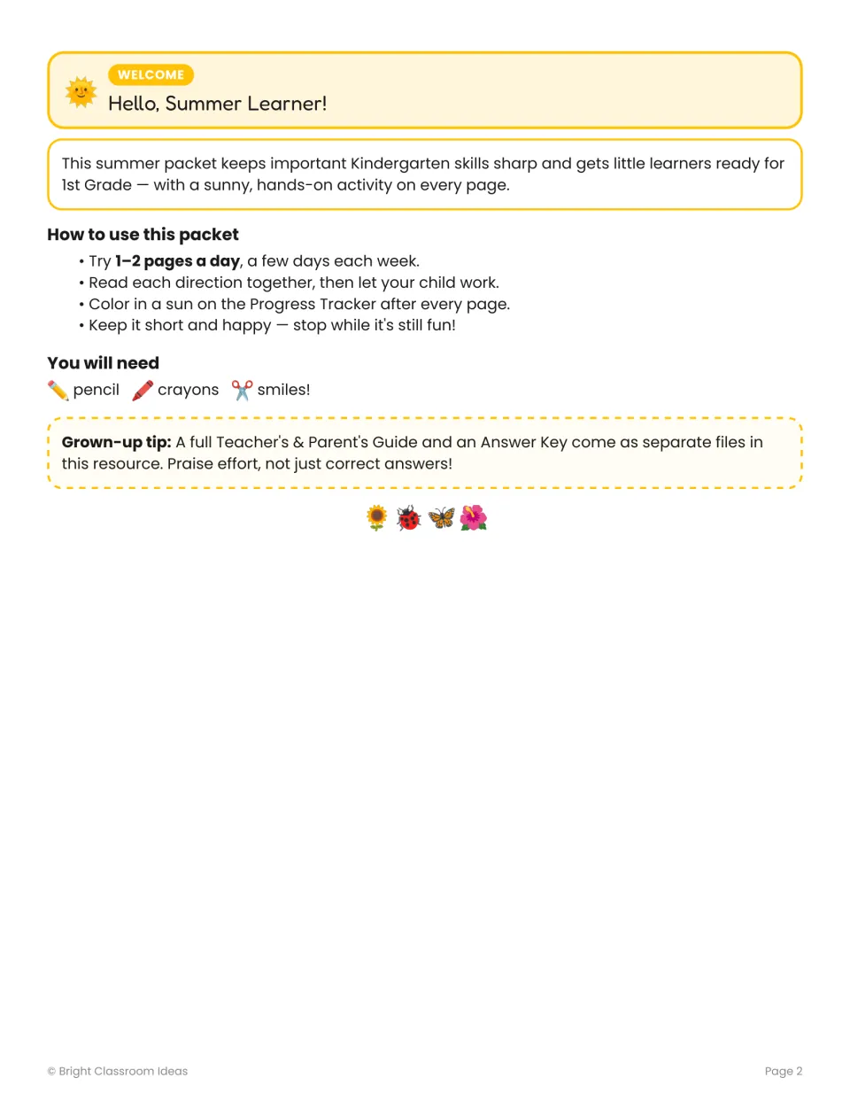 Welcome note for families: how to use the summer packet, 1–2 pages a day, supplies needed and a grown-up tip on praise