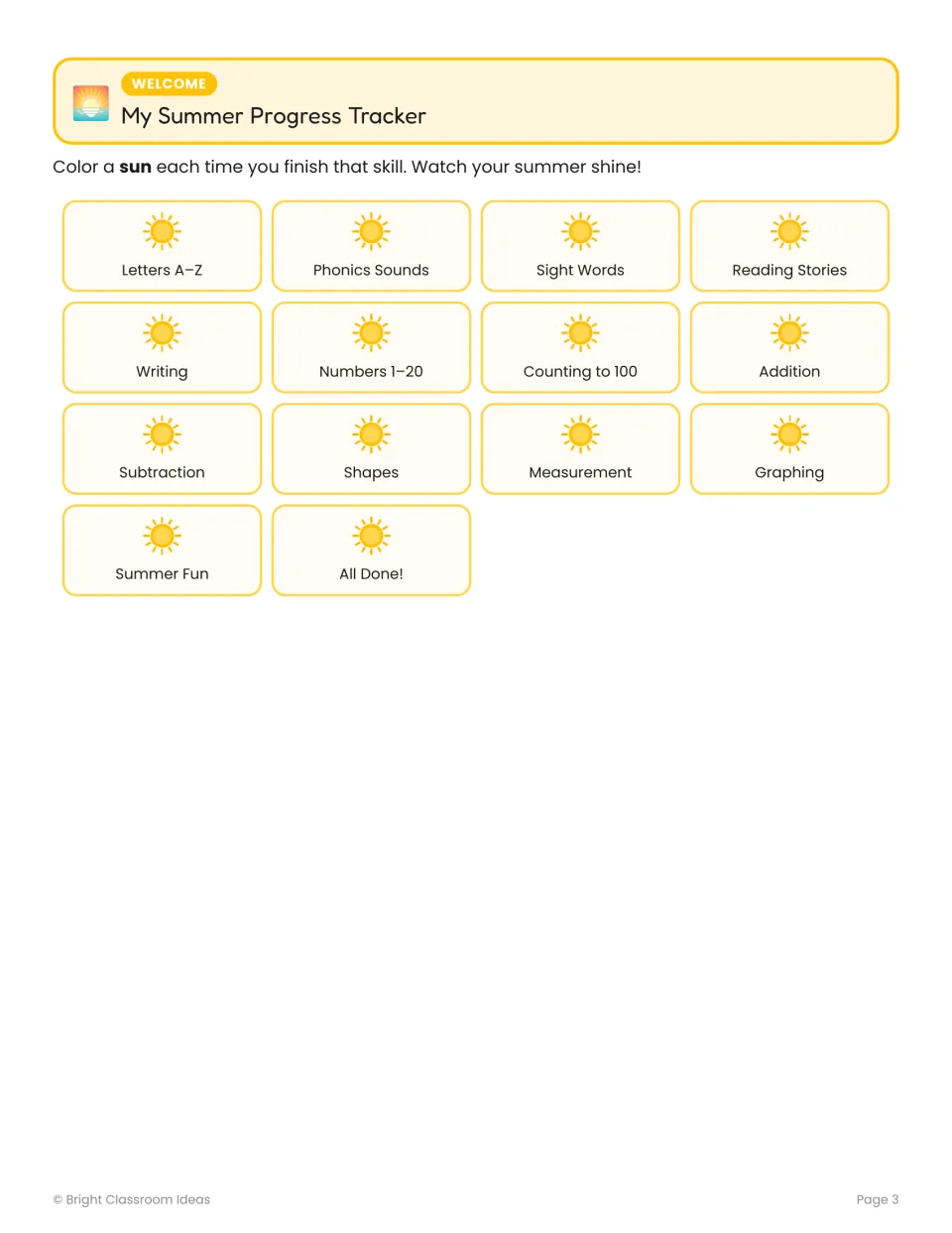 Summer progress tracker: students color a sun after finishing each skill, from Letters A–Z to Summer Fun and All Done