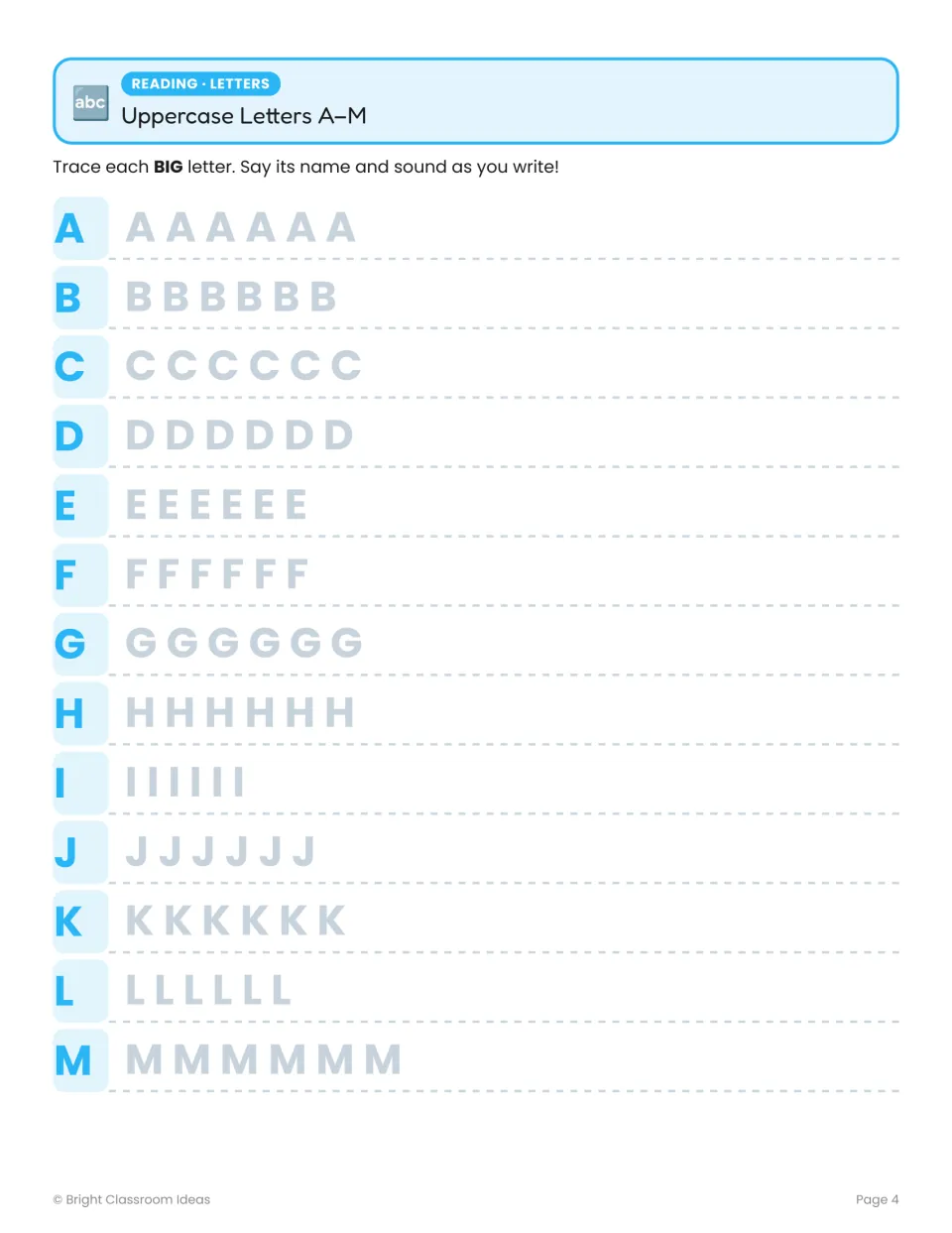 Uppercase letters A–M: students trace each capital letter six times and say its name and sound as they write