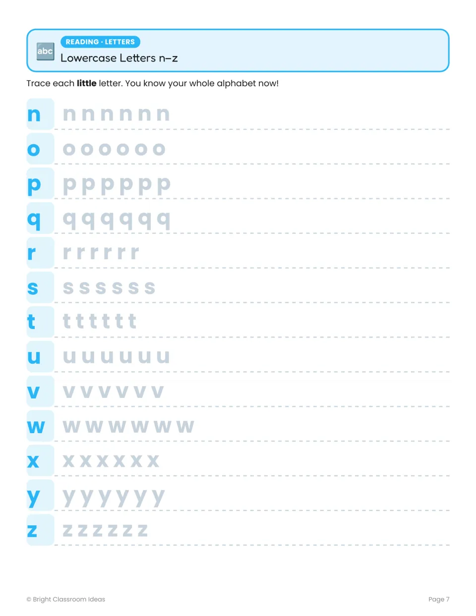 Lowercase letters n–z: students trace each small letter six times to finish practising the whole alphabet