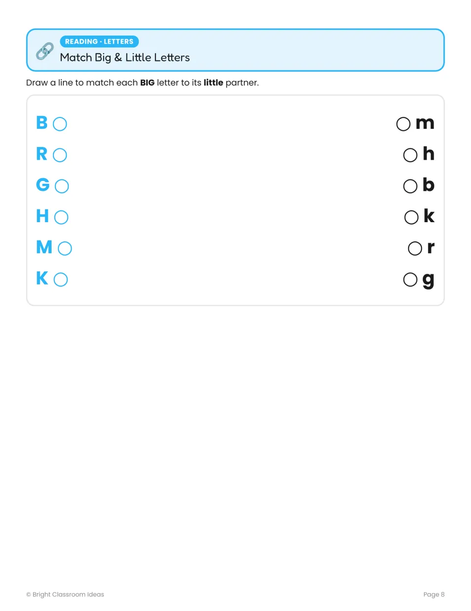 Letter matching: students connect uppercase B, R, G, H, M and K to their lowercase partners