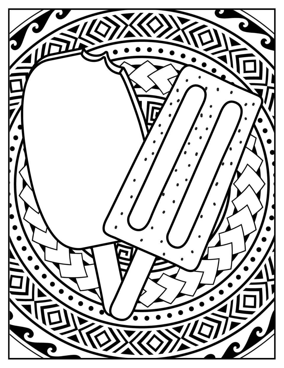 Summer mandala colouring: two popsicles, one with a bite taken out, set on a geometric mandala for students to colour