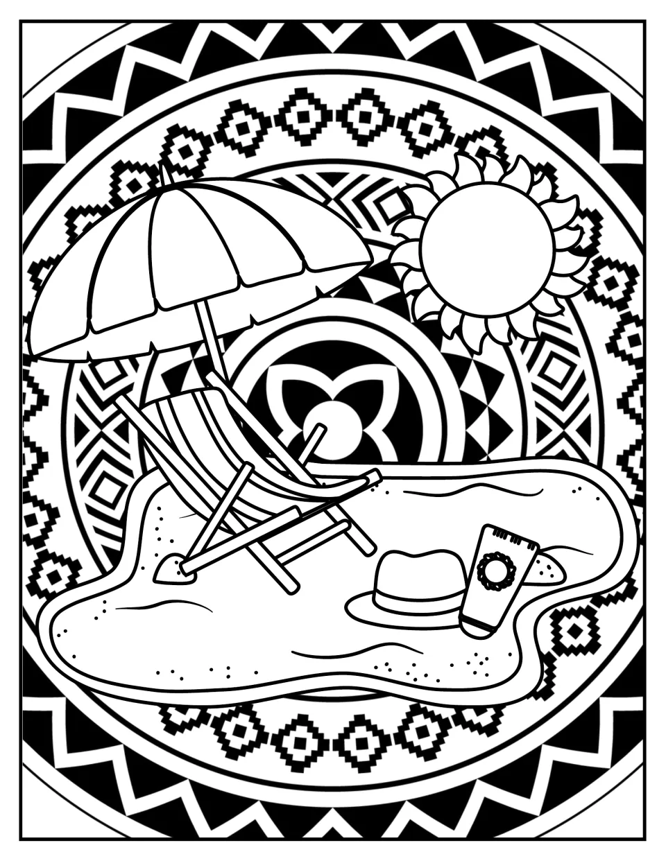 Beach scene colouring: students colour a sun, umbrella, deck chair, sun hat and sunscreen on sand inside a mandala