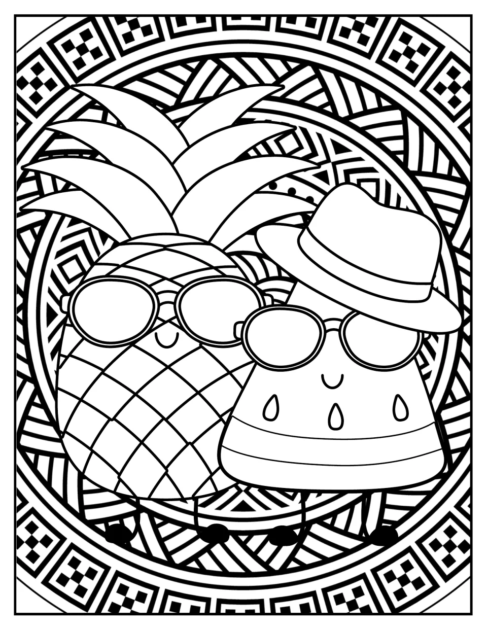 Fruit friends colouring: students colour a smiling pineapple and watermelon slice wearing sunglasses on a mandala