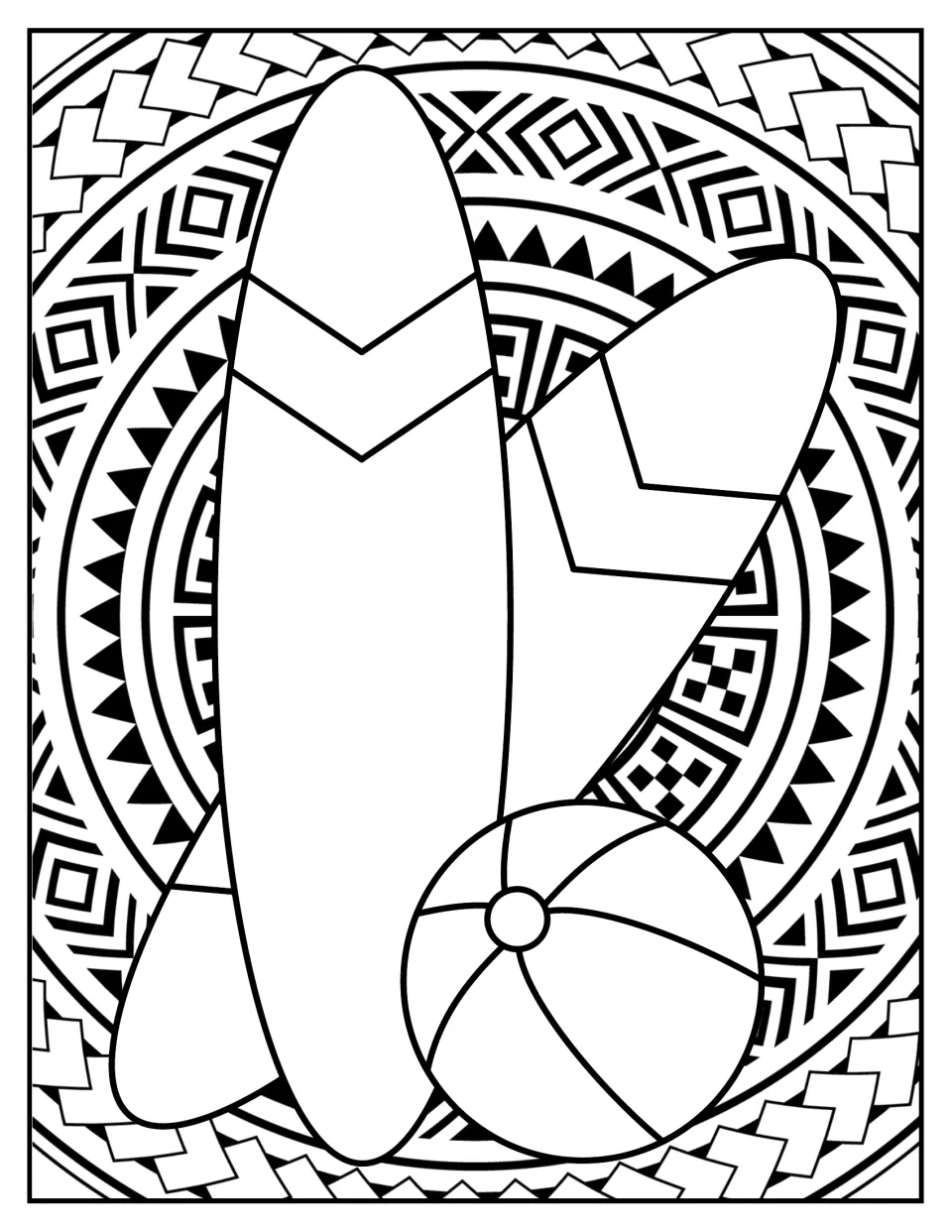 Surfboard colouring: students colour two chevron-striped surfboards and a beach ball set against a mandala design