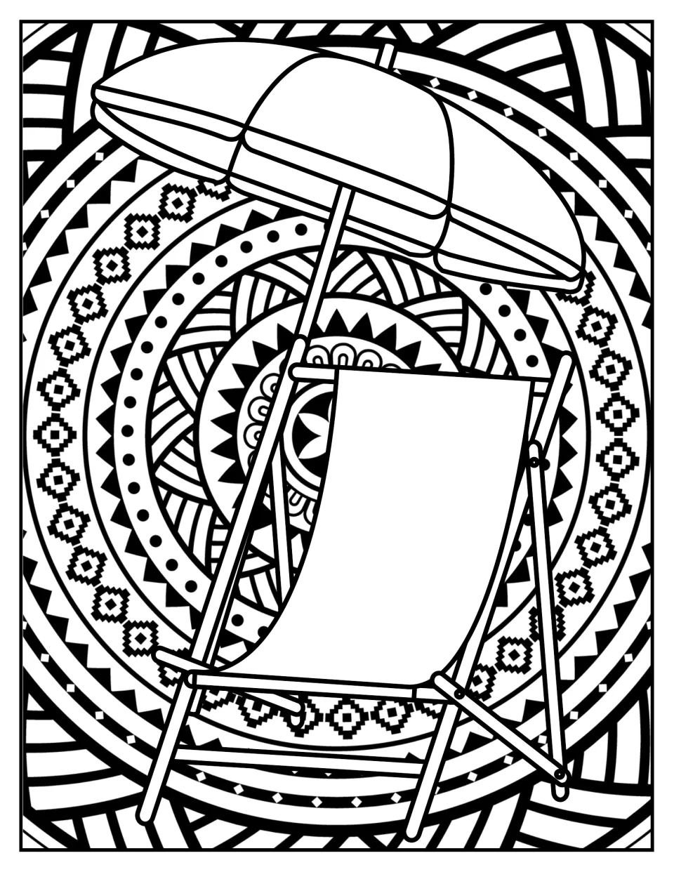 Deck chair colouring: students colour a beach chair under an open umbrella, backed by a patterned summer mandala