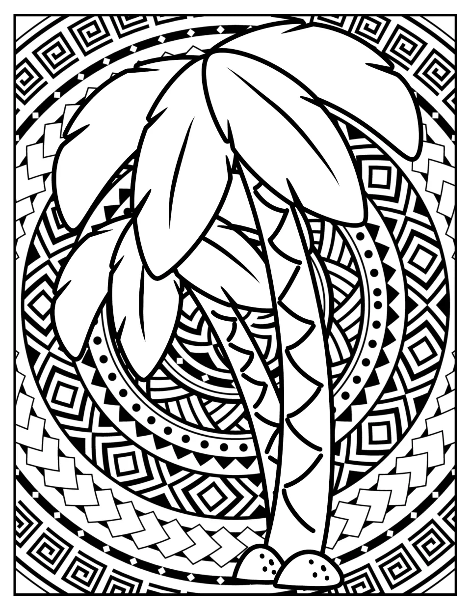 Palm tree colouring: students colour a tall palm tree with broad fronds rising over a geometric summer mandala