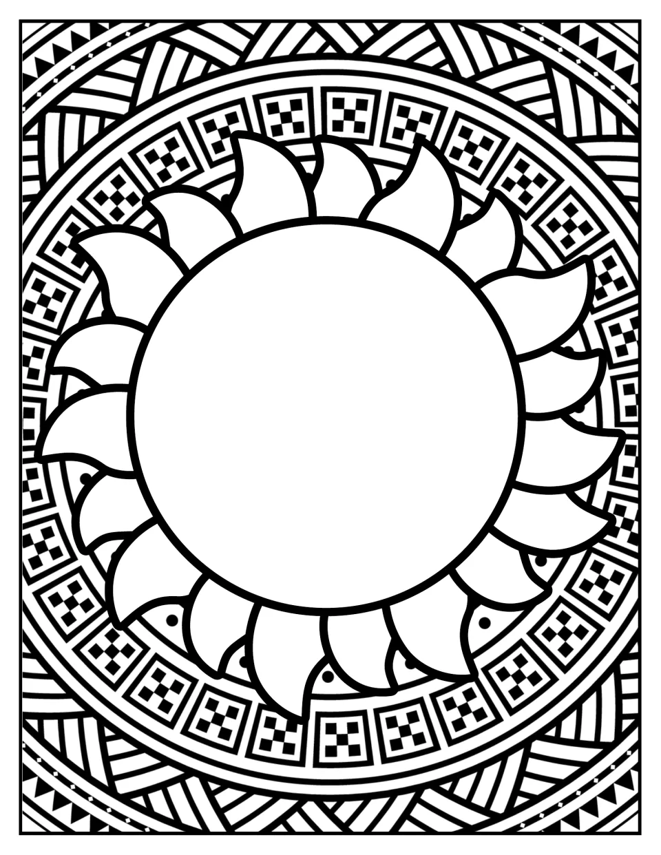 Sun colouring: students colour a large sun with curved rays surrounded by a checkered and striped mandala ring