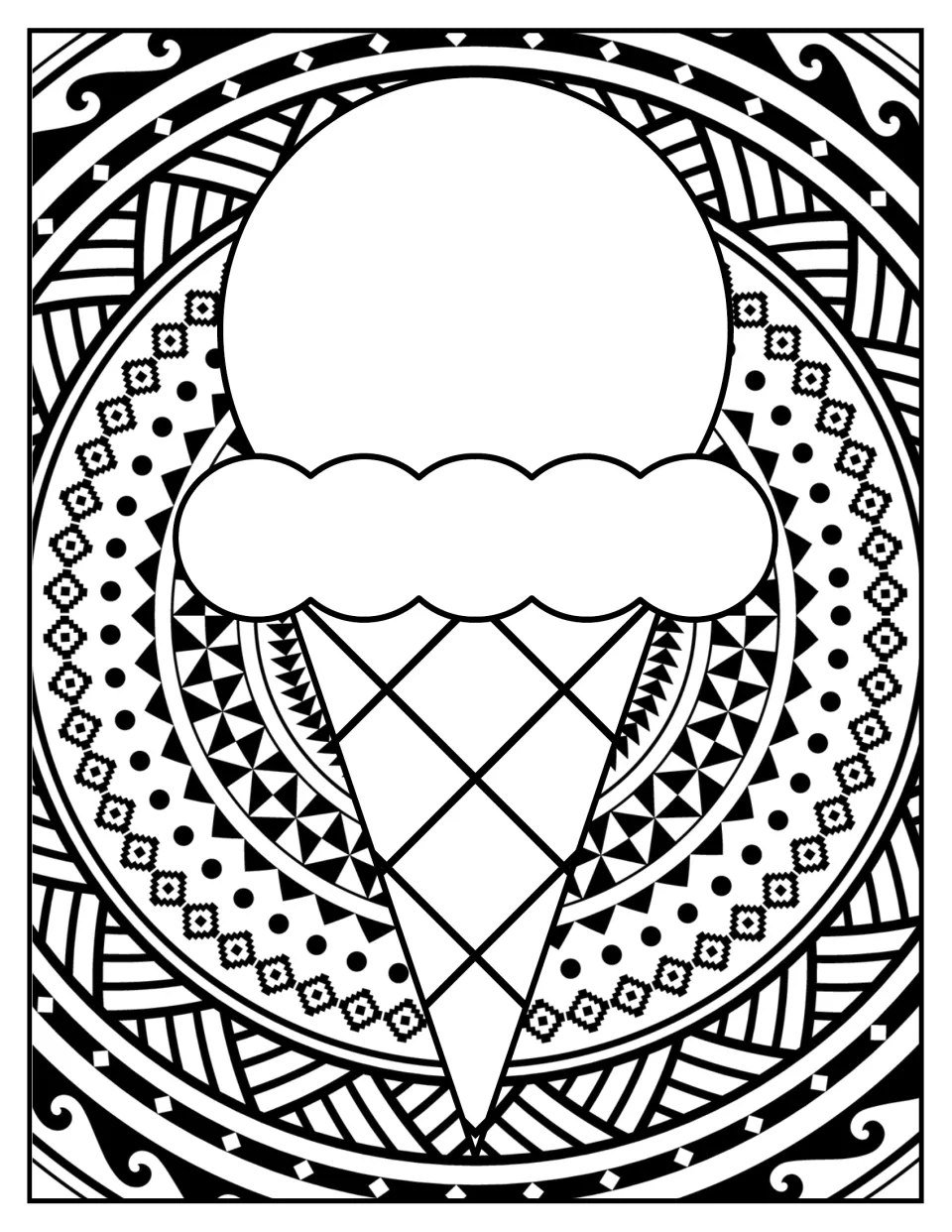 Ice cream colouring: students colour a single scoop on a waffle cone framed by a dotted, geometric mandala