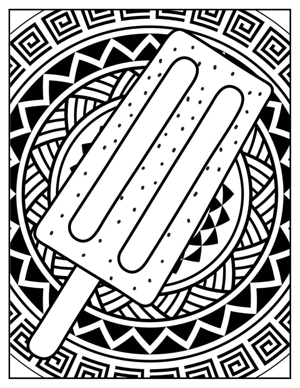 Single popsicle colouring: students colour one speckled ice pop on a stick set over a zigzag and spiral mandala