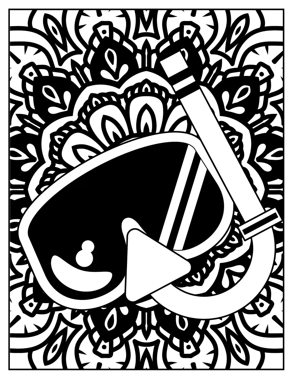 Snorkel mask colouring: students colour a diving mask and snorkel over a large floral, petal-style mandala