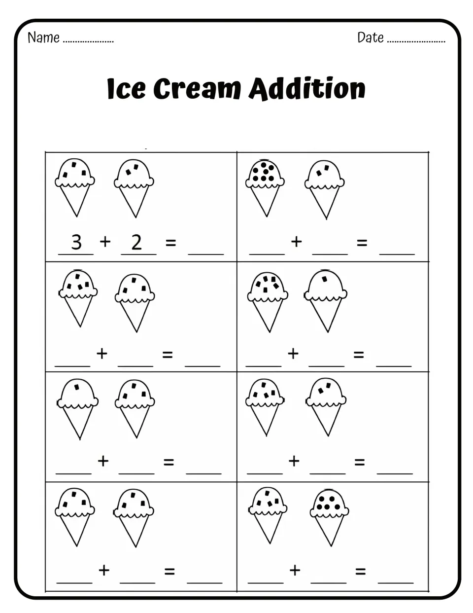 Ice Cream Addition: students count the sprinkles on two cones and write 8 addition sentences, with 3 + 2 as the example