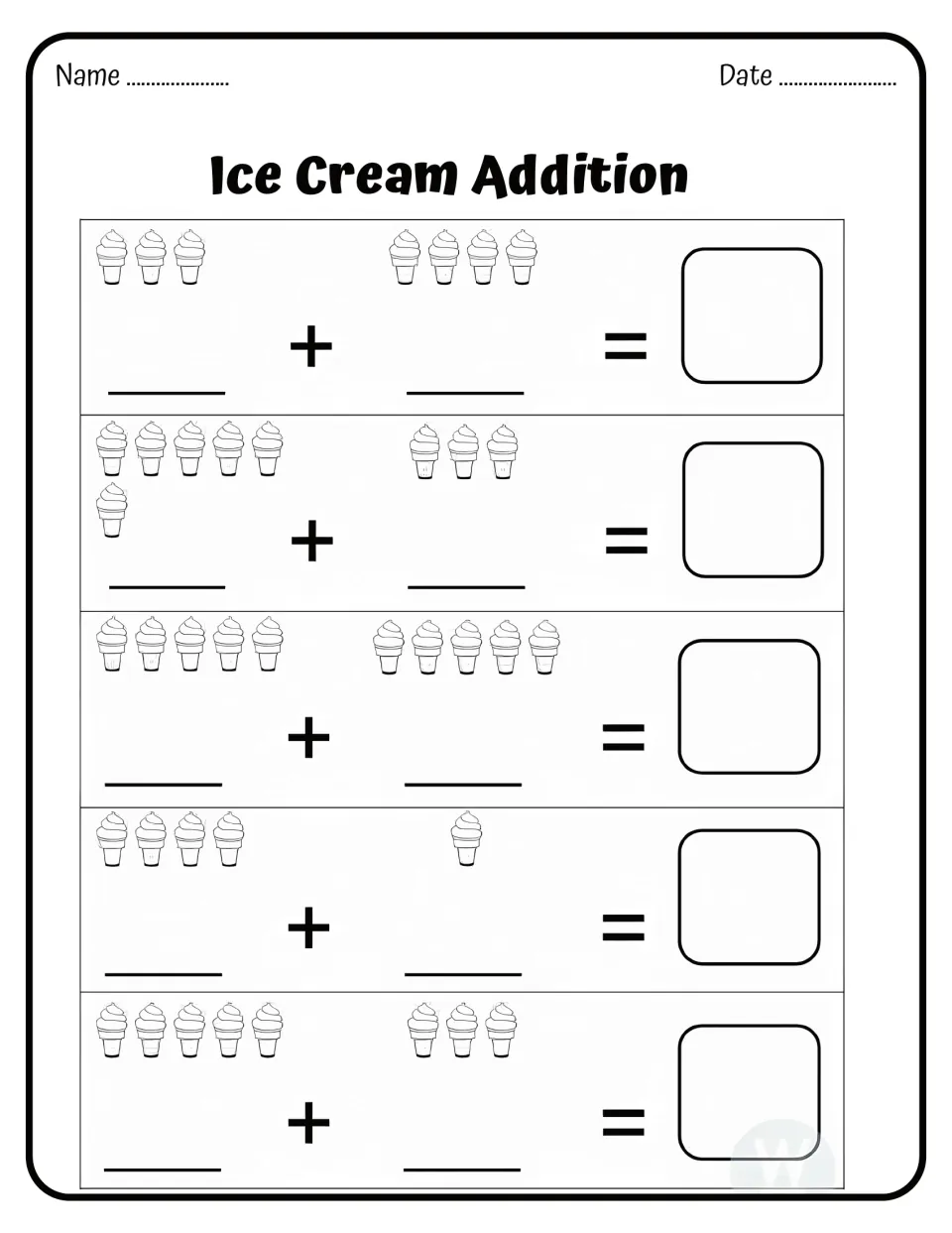 Ice Cream Addition: students count two groups of soft-serve cones in 5 rows, write each addend and put the sum in the box