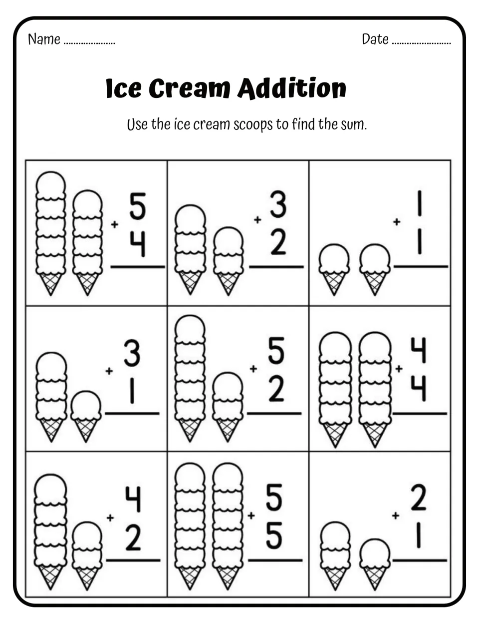 Ice Cream Addition: students count stacked scoops on two cones to find 9 vertical sums such as 5 + 4, 3 + 2 and 5 + 5