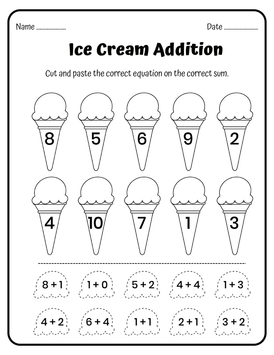 Ice Cream Addition: students cut out 10 equation scoops like 8 + 1 and 6 + 4 and paste each on the cone with its sum