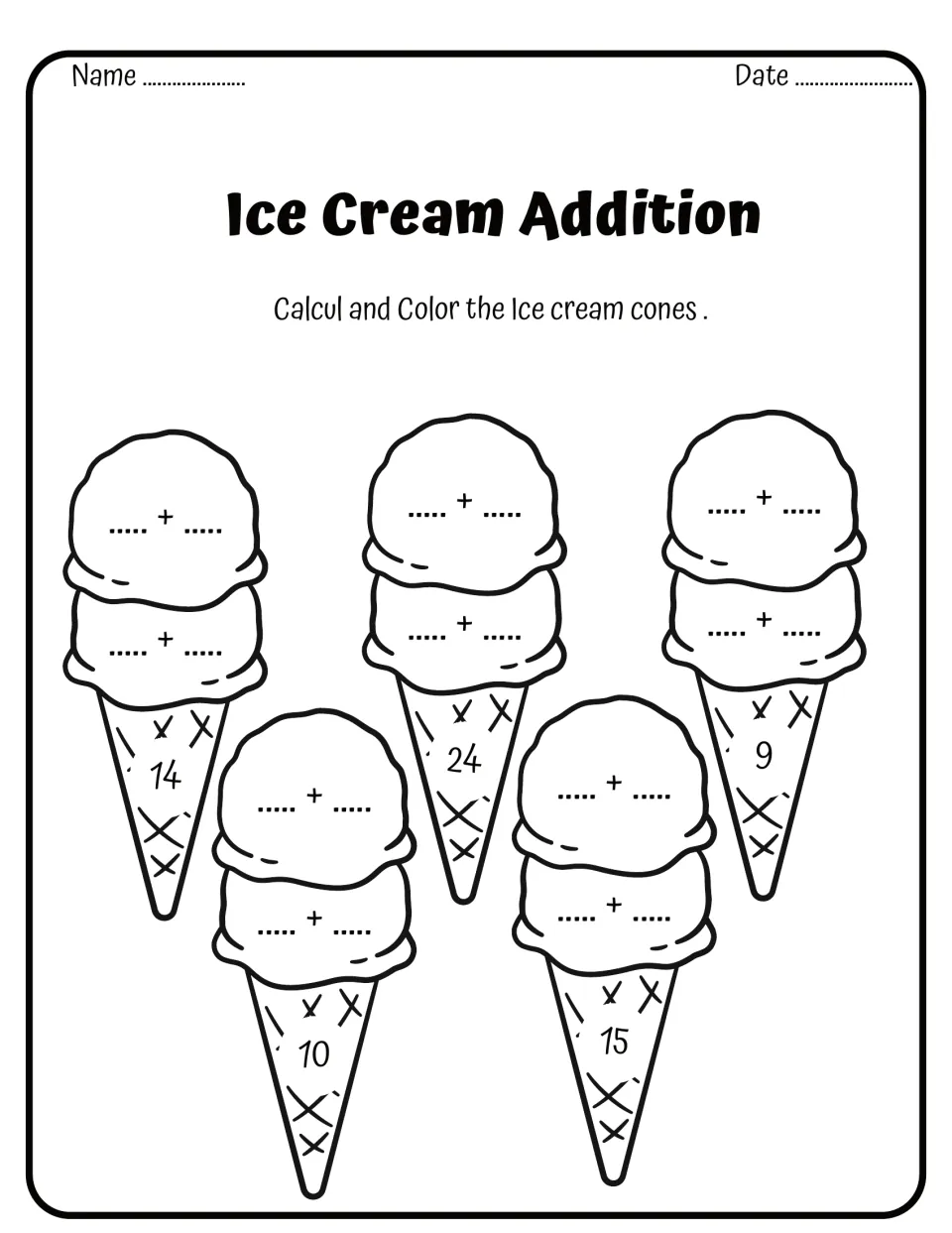Ice Cream Addition: students write two addition facts on the scoops of each cone to make 14, 24, 9, 10 or 15, then color