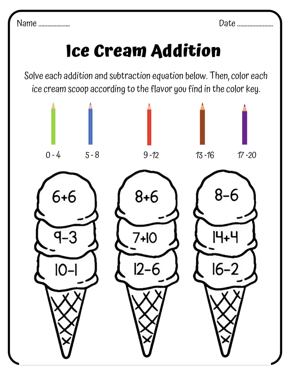 Color by answer: students solve mixed addition and subtraction facts like 6+6 and 12-6 on scoops and color by a 0-20 key