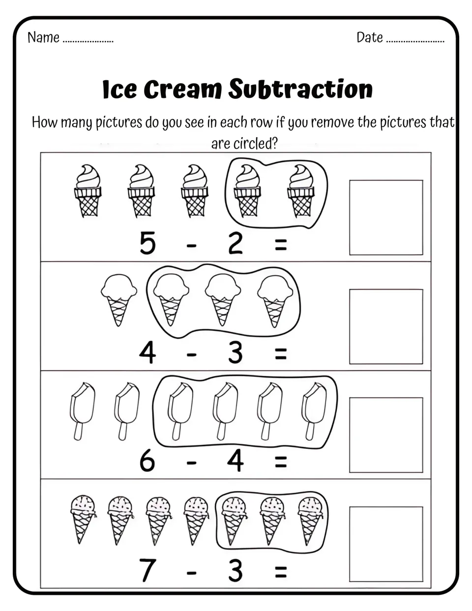 Ice Cream Subtraction: students take away the circled treats in each row to solve 5 - 2, 4 - 3, 6 - 4 and 7 - 3
