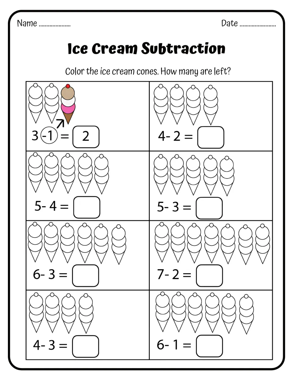 Ice Cream Subtraction: students color cones to model 8 take-away facts such as 4 - 2 and 6 - 1 and write how many are left