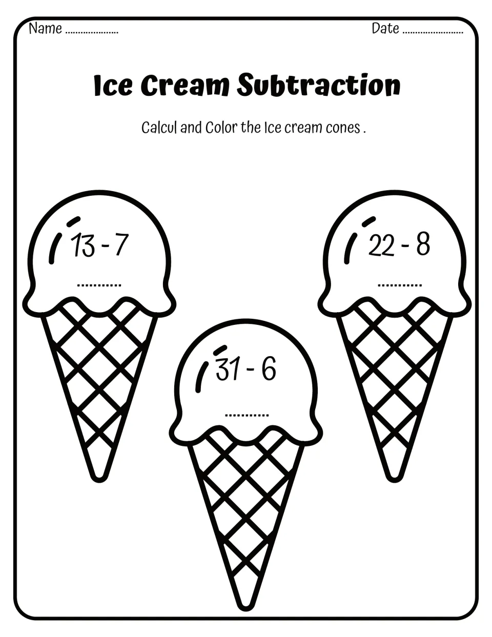 Ice Cream Subtraction: students solve 13 - 7, 31 - 6 and 22 - 8 written on three large scoops, then color the cones