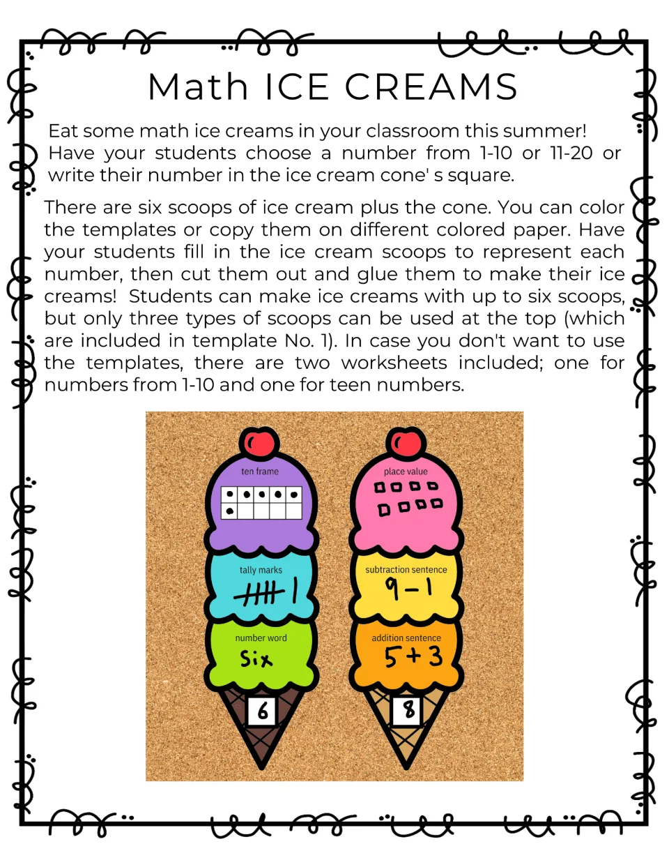 Teacher directions for math ice creams: students pick a number 1-20 and show it on six scoops, then cut and glue a cone