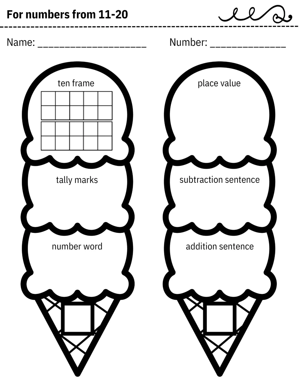 Numbers 11-20 ice cream sheet: students show a teen number with a double ten frame, tallies, word, place value, equations