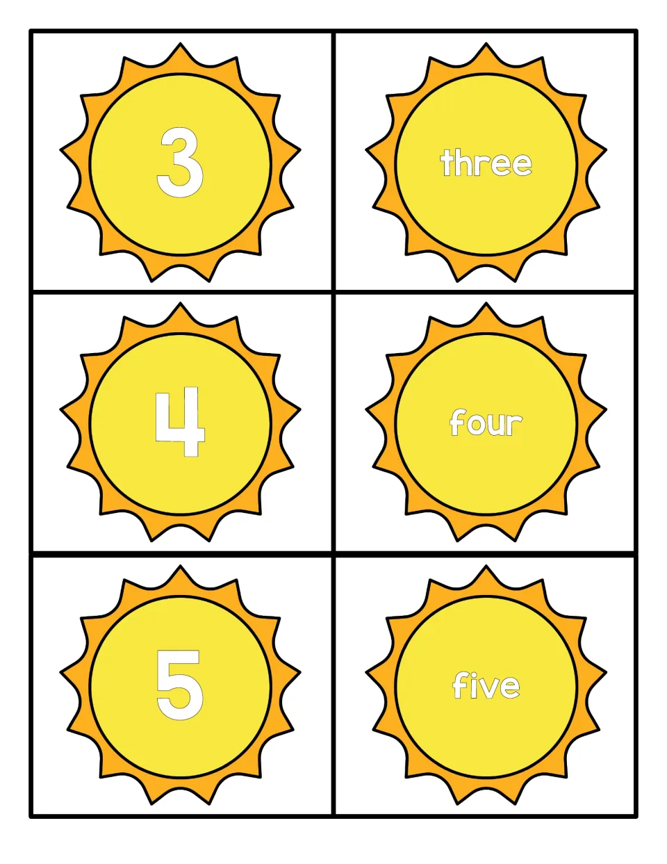 Number cards 3 to 5: sun cards show numerals 3, 4 and 5 beside cards for the words three, four and five to match