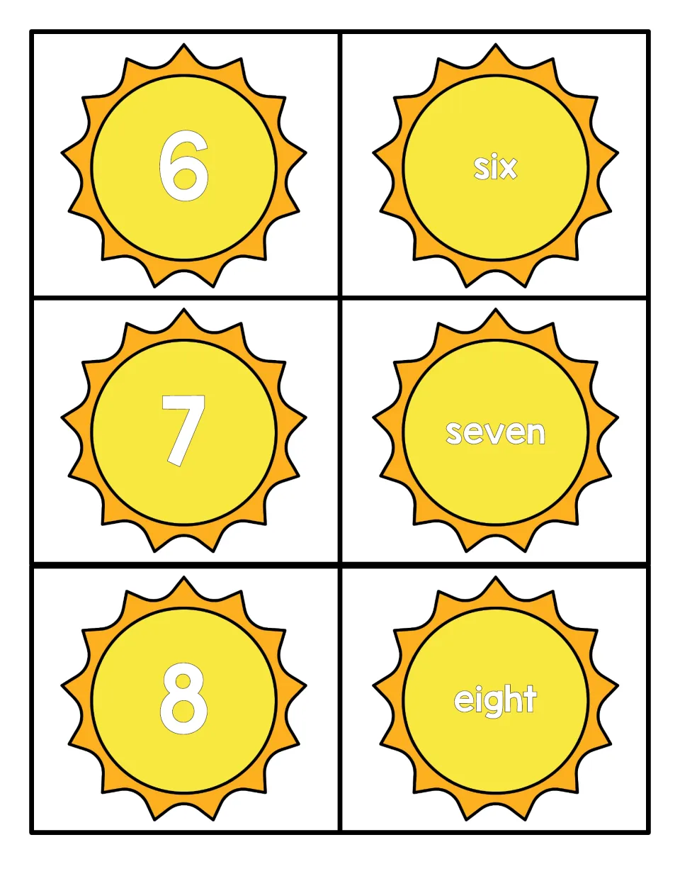 Number cards 6 to 8: students match the sun cards for numerals 6, 7 and 8 to the number words six, seven and eight