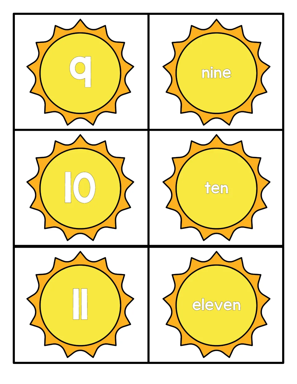Number cards 9 to 11: sun cards pair numerals 9, 10 and 11 with the number words nine, ten and eleven for matching